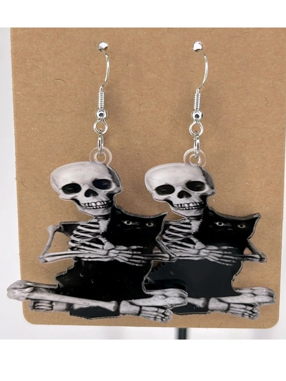 Skeleton Holding a Black Cat Acrylic Dangle Earrings 2D Fashion Jewelry